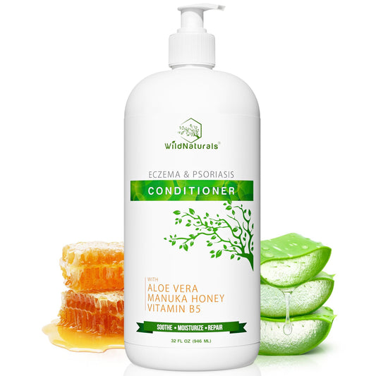 Wild Naturals eczema deep conditioning bottle pour demonstrates easy scalp application.