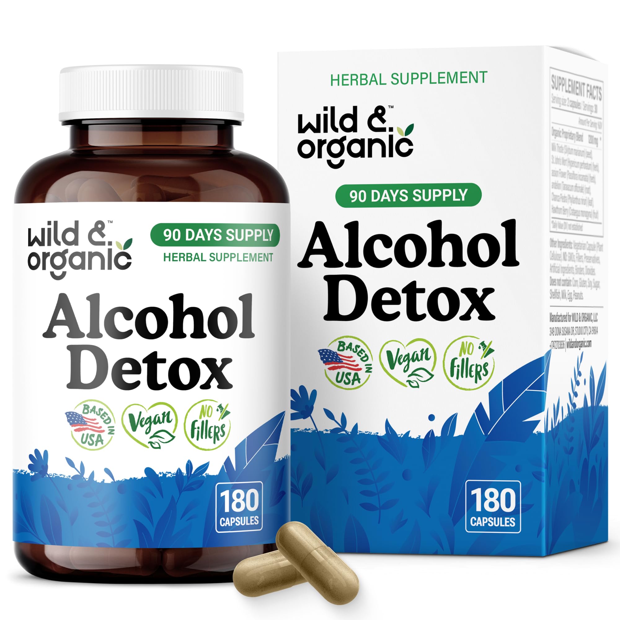 Wild & Organic alcohol detox capsules bottle close-up highlighting vegan, plant-based formula.