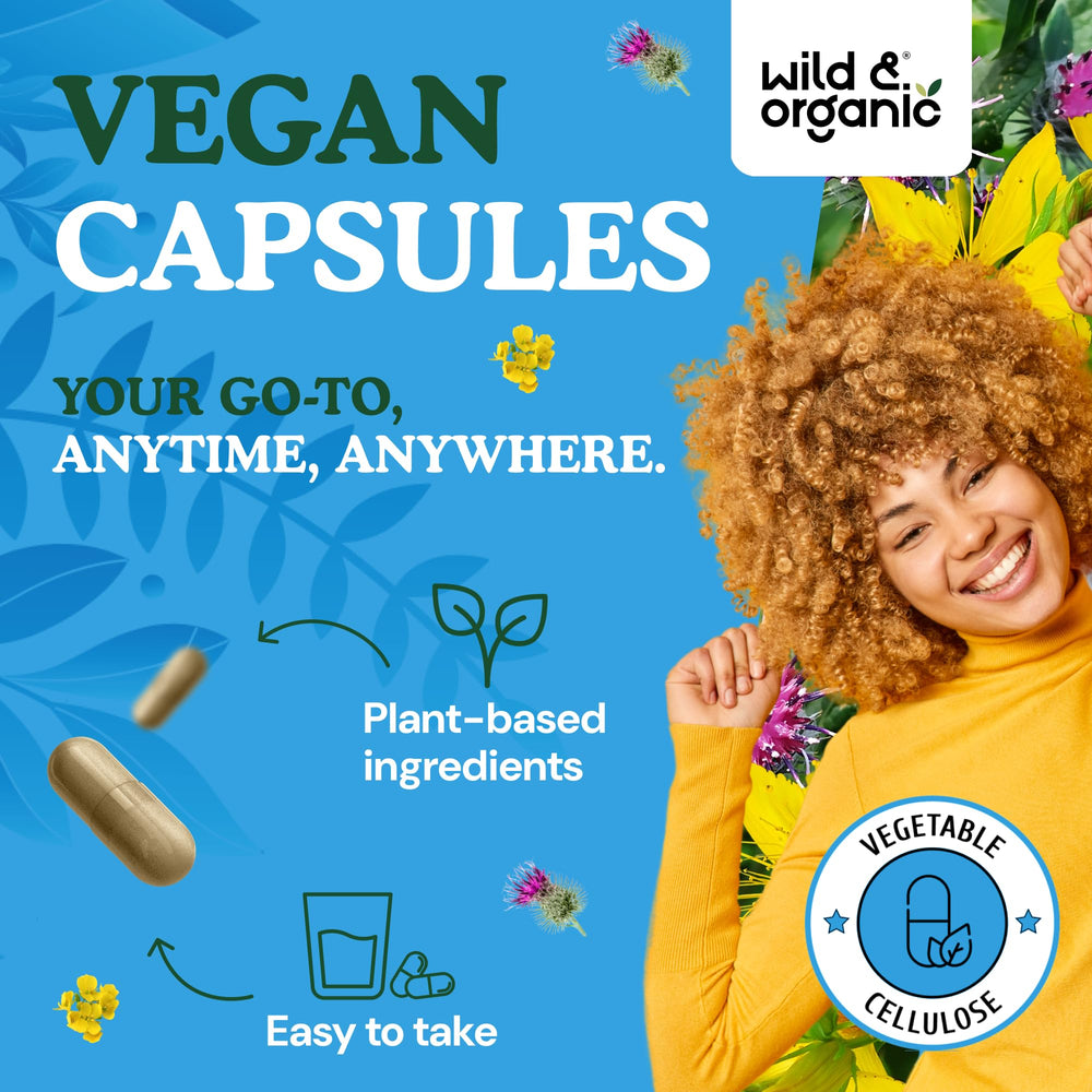 Wild & Organic herbal blend close-up showing milk thistle and dandelion roots.