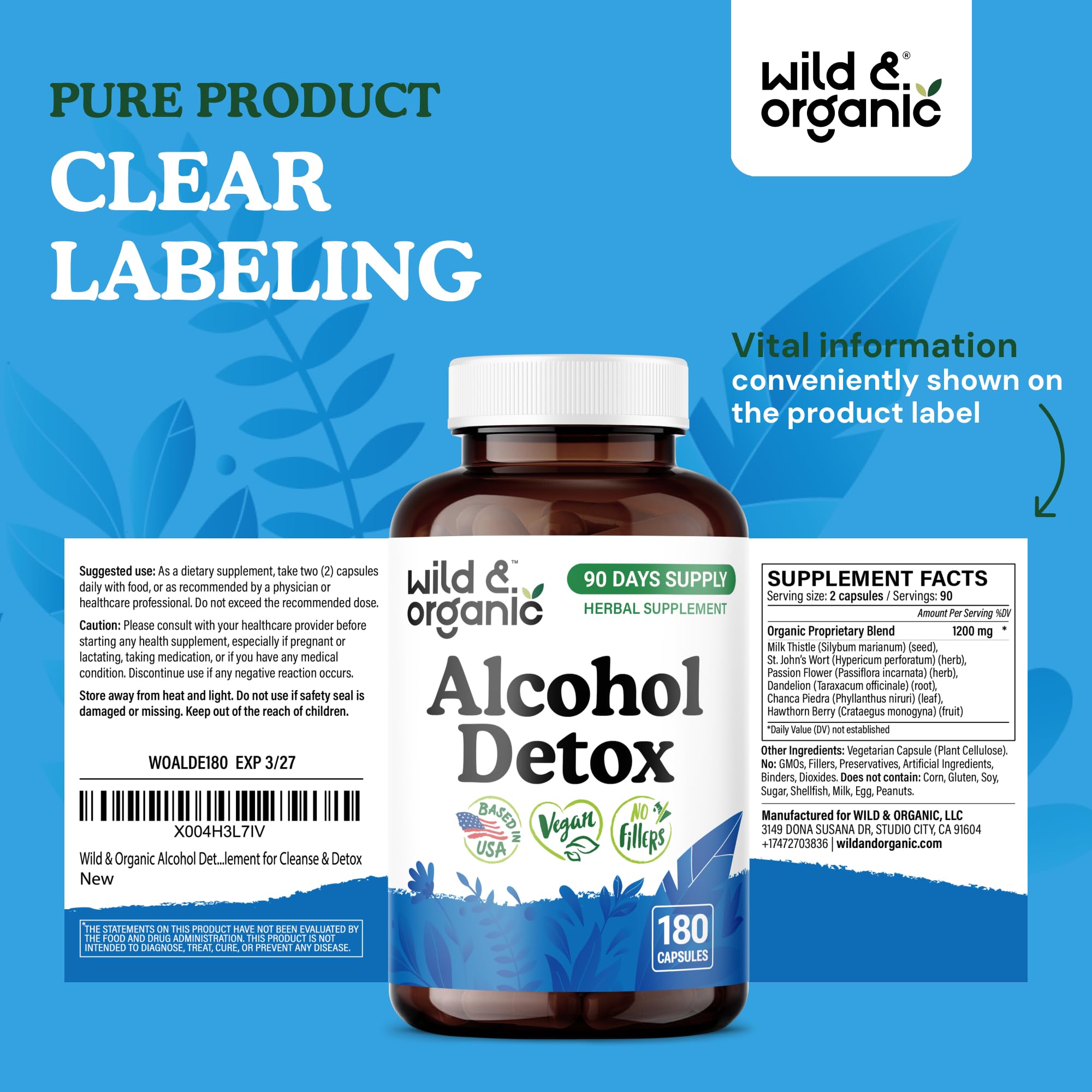 Wild & Organic bottle with vegan symbol and herbal layout.