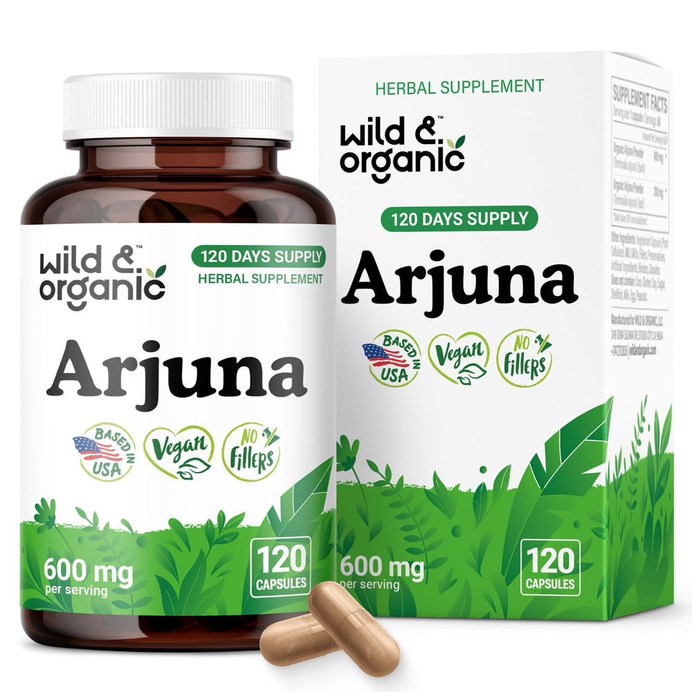 Wild & Organic Arjuna Bark Capsules bottle front, easy daily support in vegan capsules.