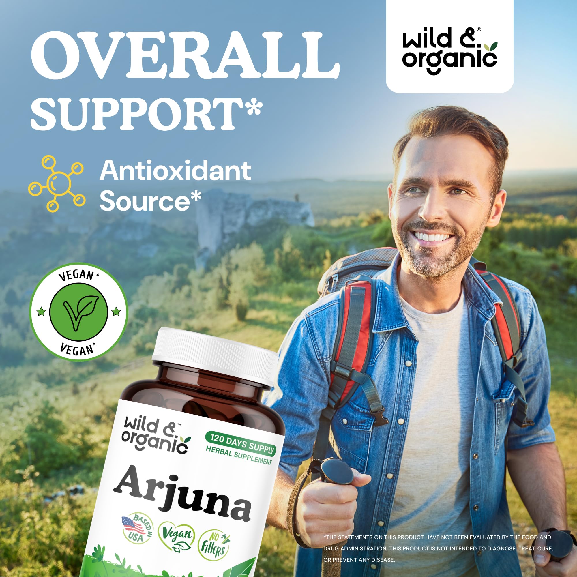 Wild & Organic Arjuna label close-up highlights 400 mg bark and 200 mg leaf extract.