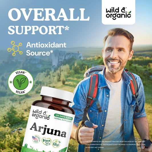 Wild & Organic Arjuna label close-up highlights 400 mg bark and 200 mg leaf extract.