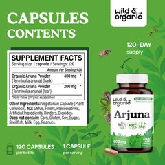 Wild & Organic Arjuna bark capsules with leaf extract shown; plant-based formula for daily wellness.