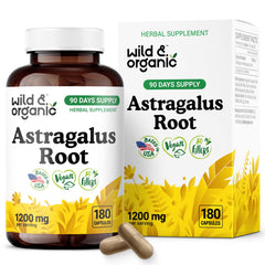 Wild & Organic Astragalus Capsules bottle label shows 1200 mg strength for daily routines.