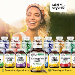 Wild & Organic Astragalus Capsules 90-day supply illustrates 180 capsules per bottle.