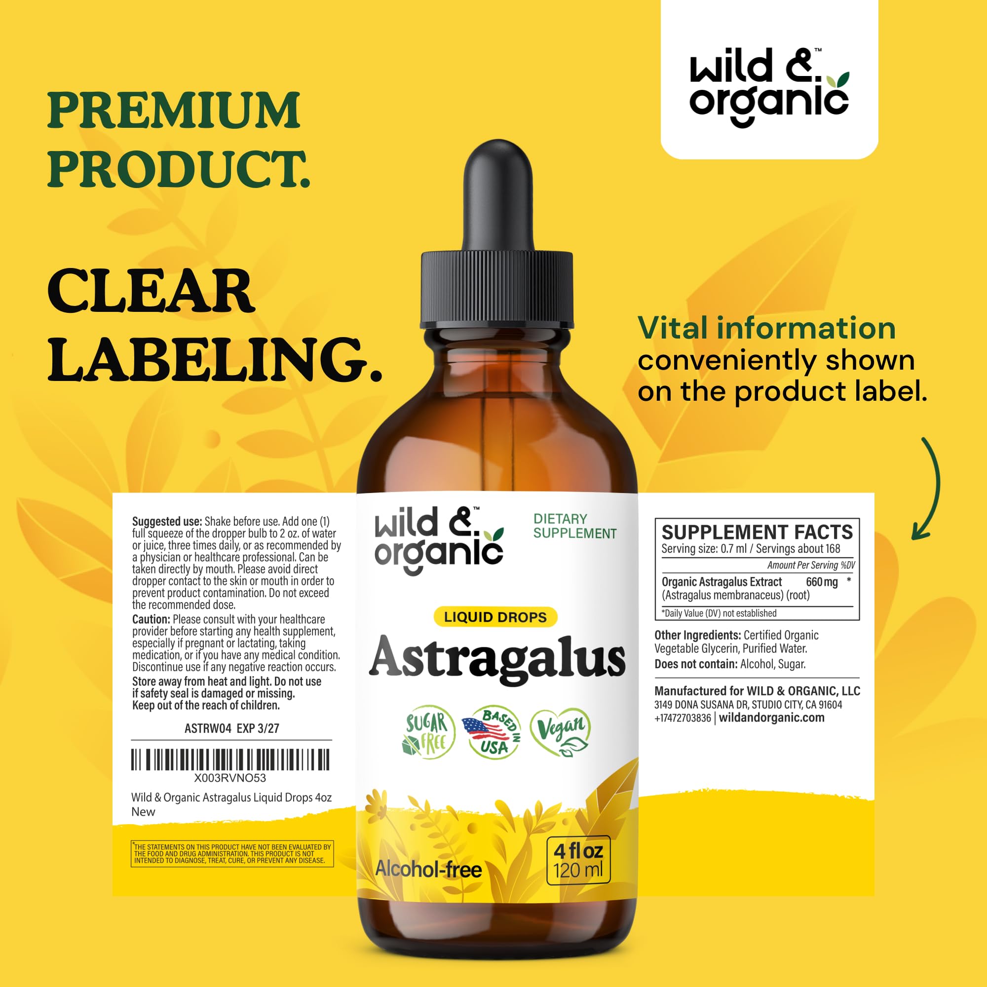 Wild & Organic astragalus tincture drops with golden, glycerin-based liquid