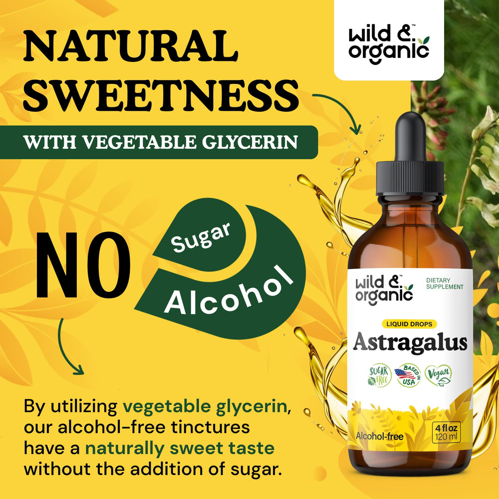 Wild & Organic astragalus tincture ingredients panel indicates vegan, alcohol-free base