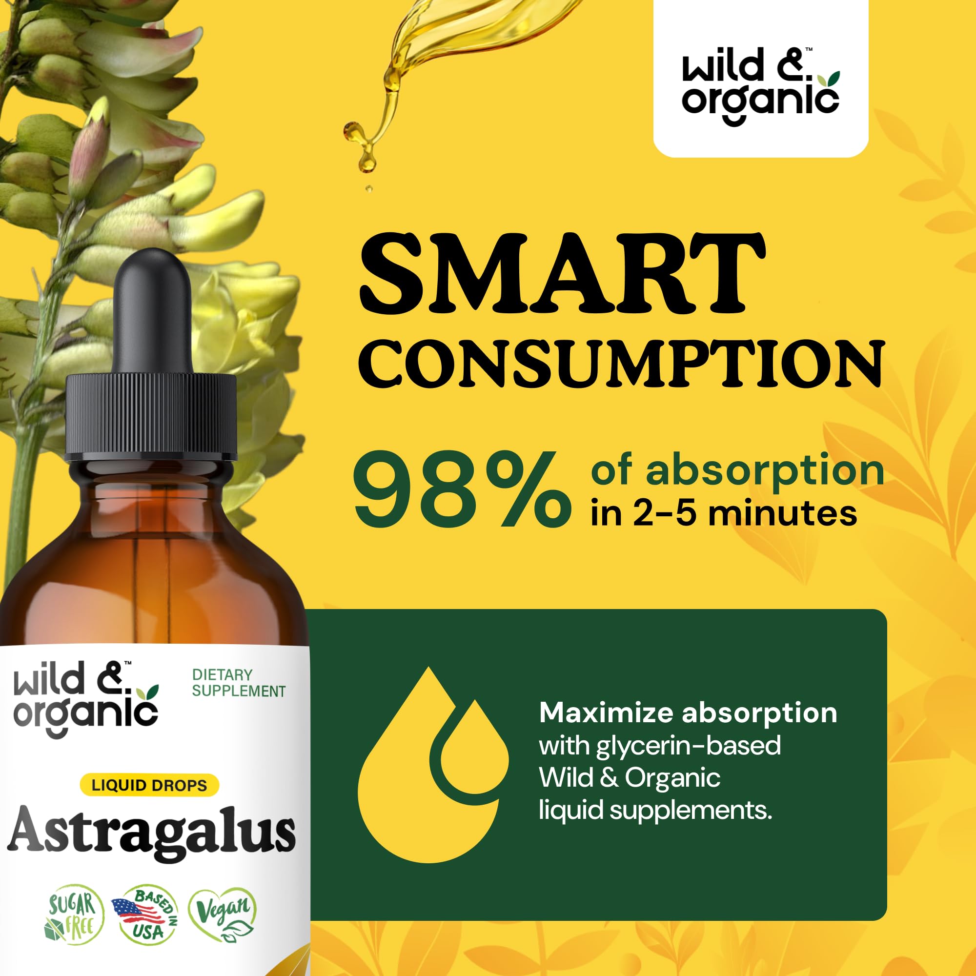 Wild & Organic astragalus tincture label closeup highlights non-GMO, additive-free formula
