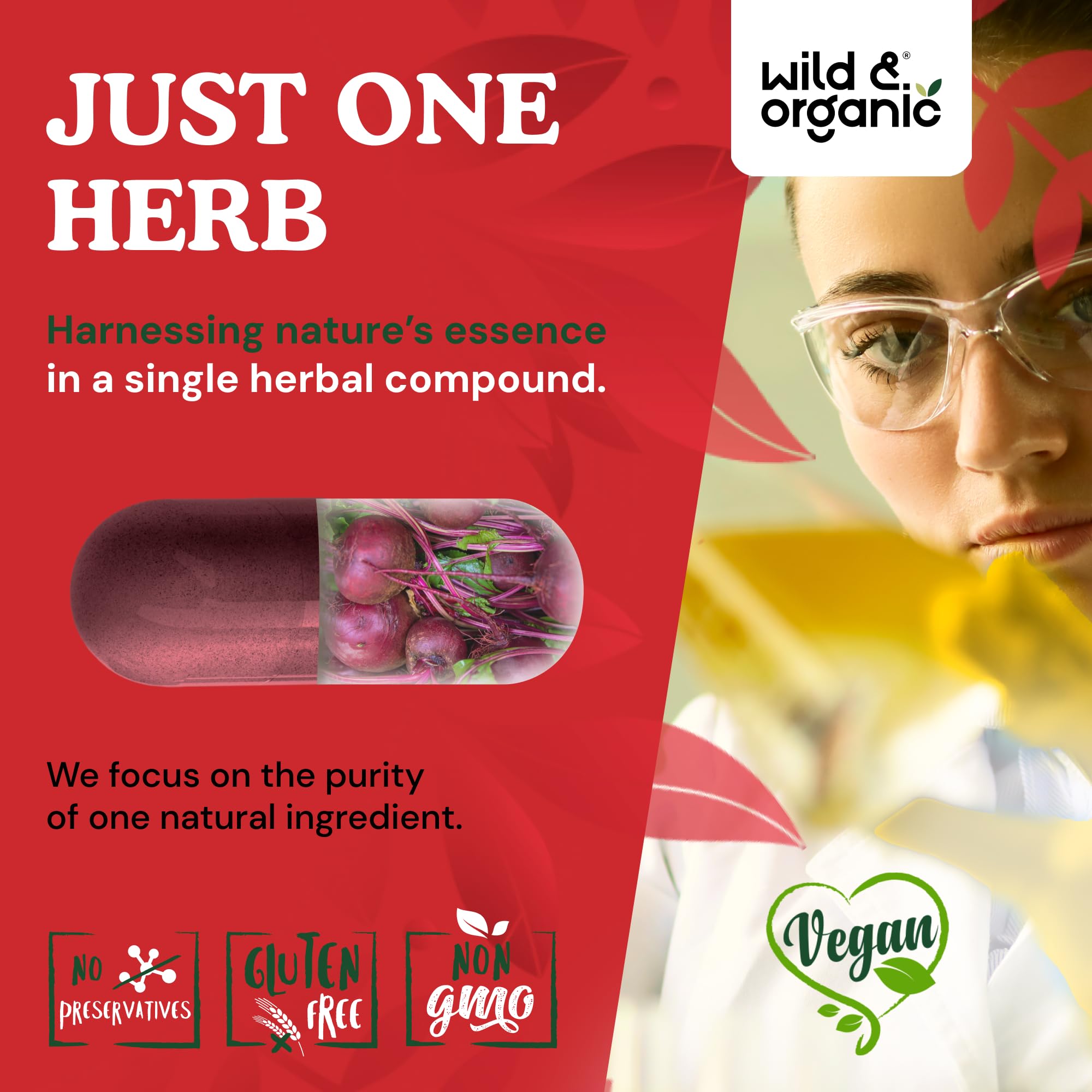 Wild & Organic Beet Root Capsules vegan-friendly coating and ingredients.