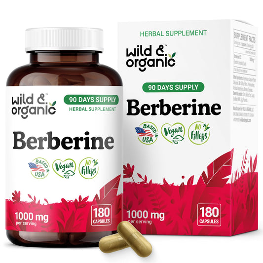 Wild & Organic Berberine bottle with 180 capsules for daily antioxidant support.