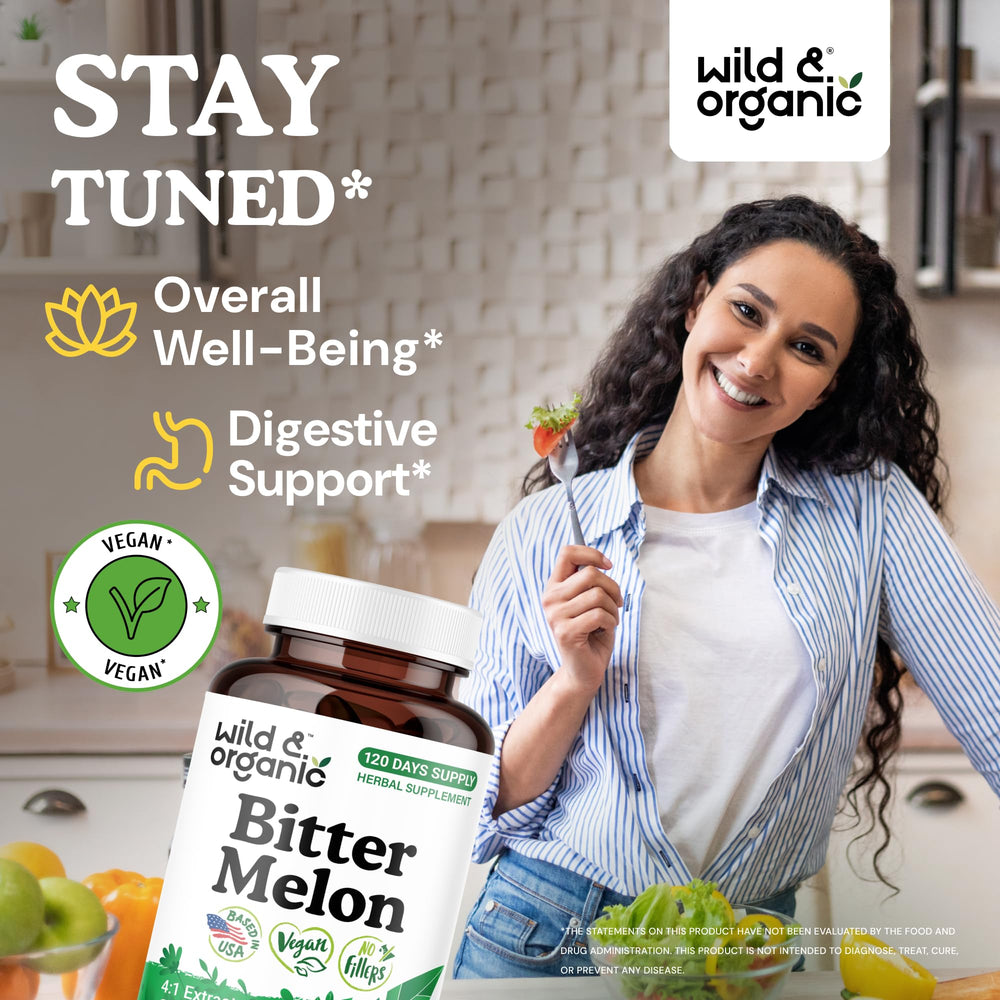 Wild and Organic bitter melon capsules label close-up showing vegan non-GMO formulation