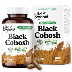 Wild & Organic Black Cohosh Capsules bottle for vegan menopause support in daily routine.