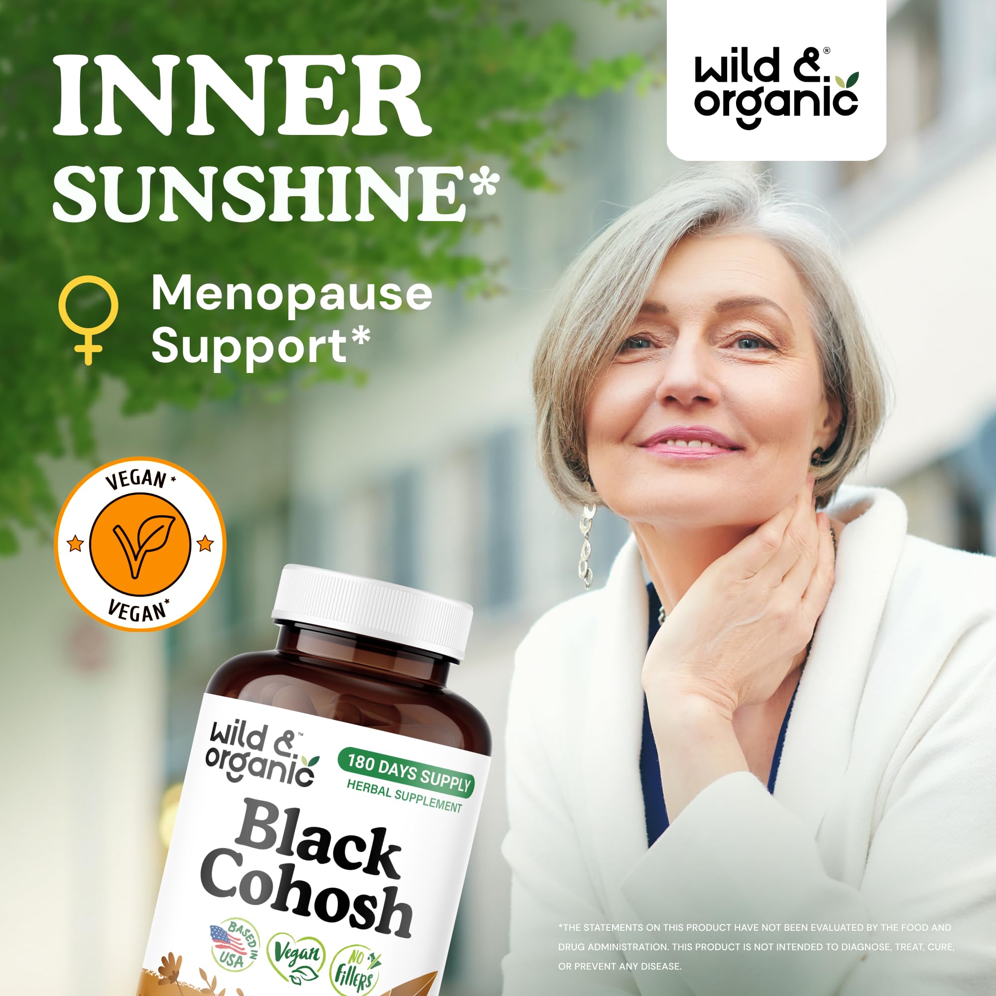 Wild & Organic Black Cohosh Capsules packaging highlights clean label and GMO-free formula.