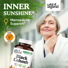 Wild & Organic Black Cohosh Capsules packaging highlights clean label and GMO-free formula.