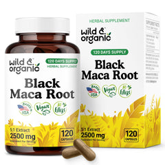 Wild & Organic Black Maca Root Capsules bottle offers convenient daily wellness support.