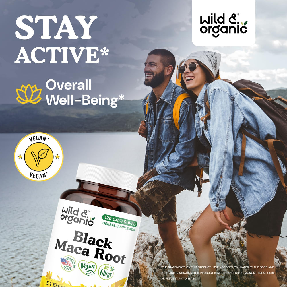Wild & Organic Black Maca capsules closeup shows vegan, non-GMO formula.