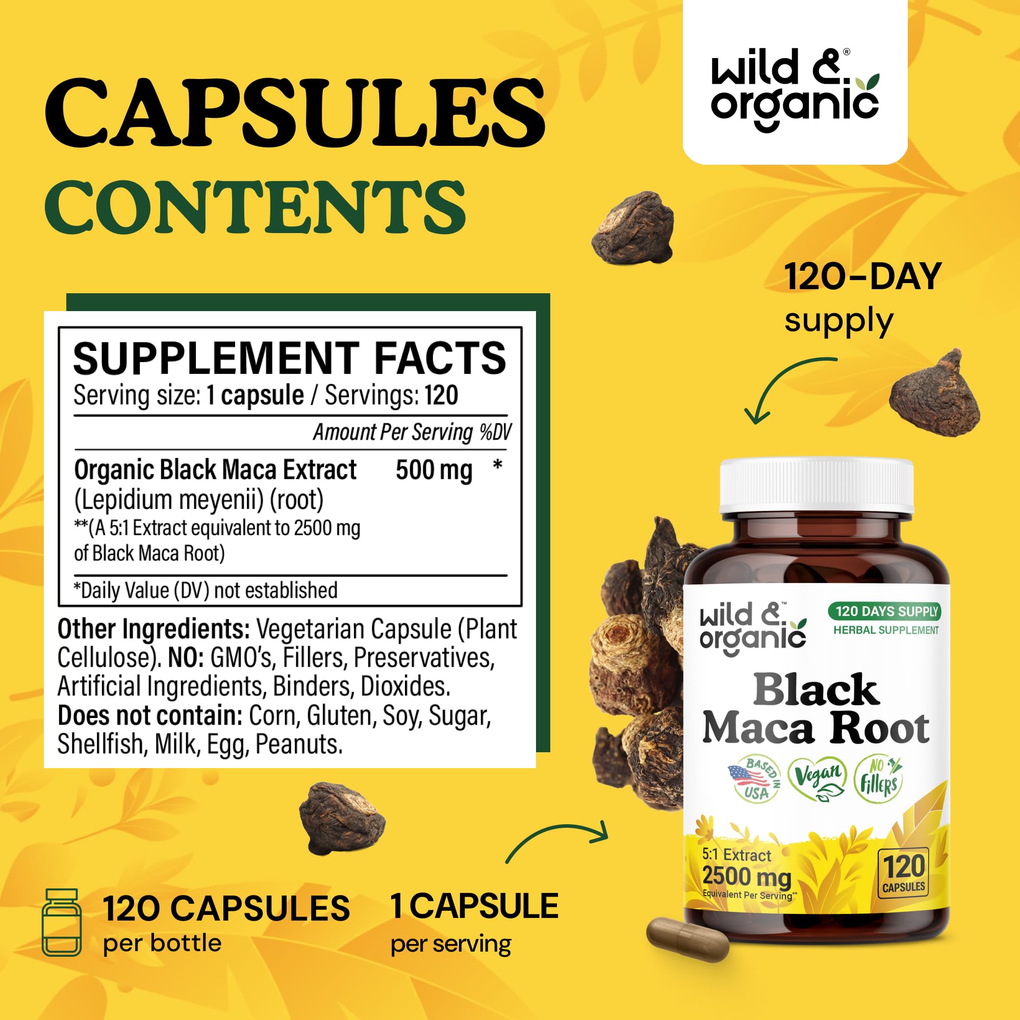 Wild & Organic Black Maca Root Capsules label communicates gluten-free, 120-day supply.