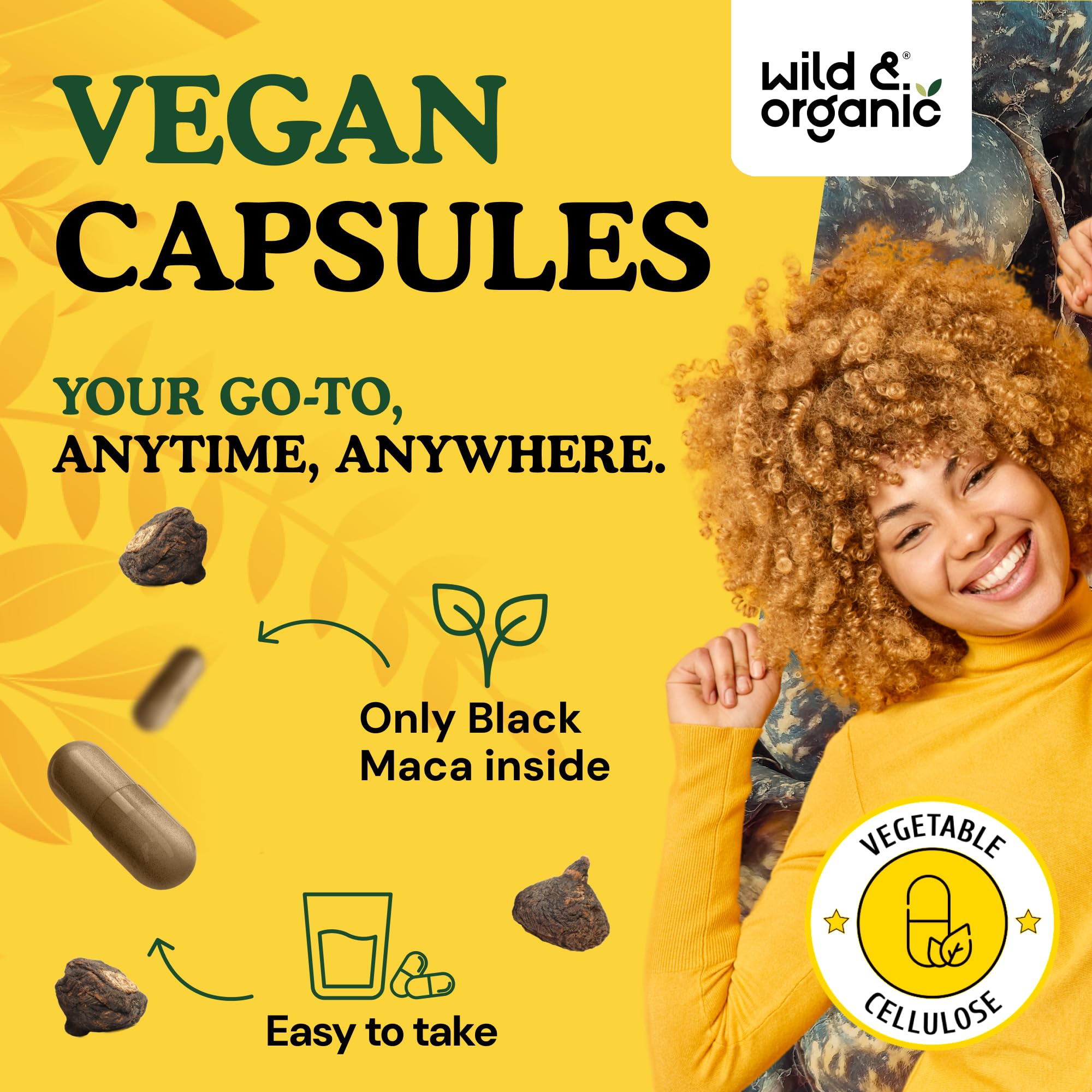 Wild & Organic Black Maca capsules on serene shelf suggest easy daily routine.