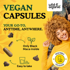 Wild & Organic Black Maca capsules on serene shelf suggest easy daily routine.