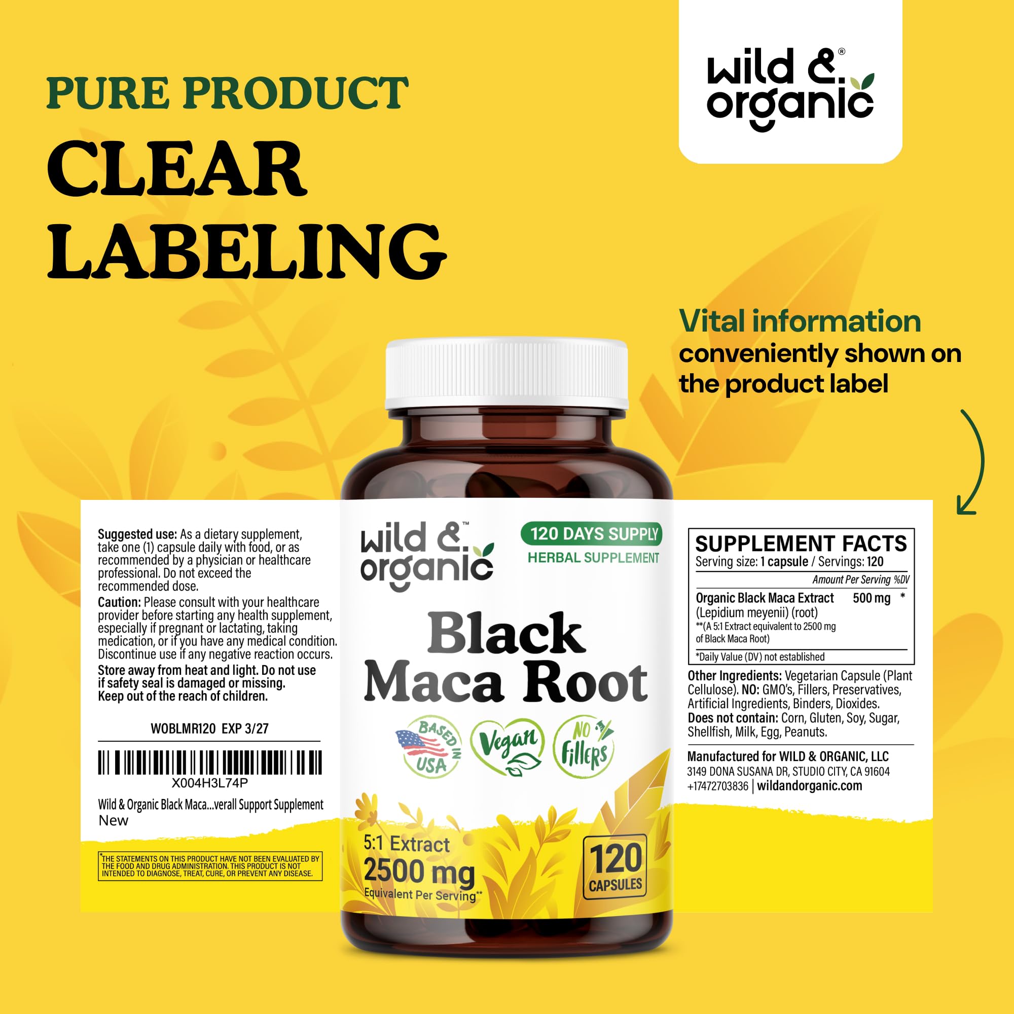 Wild & Organic Black Maca capsules vegan and plant-based for inclusive diets.