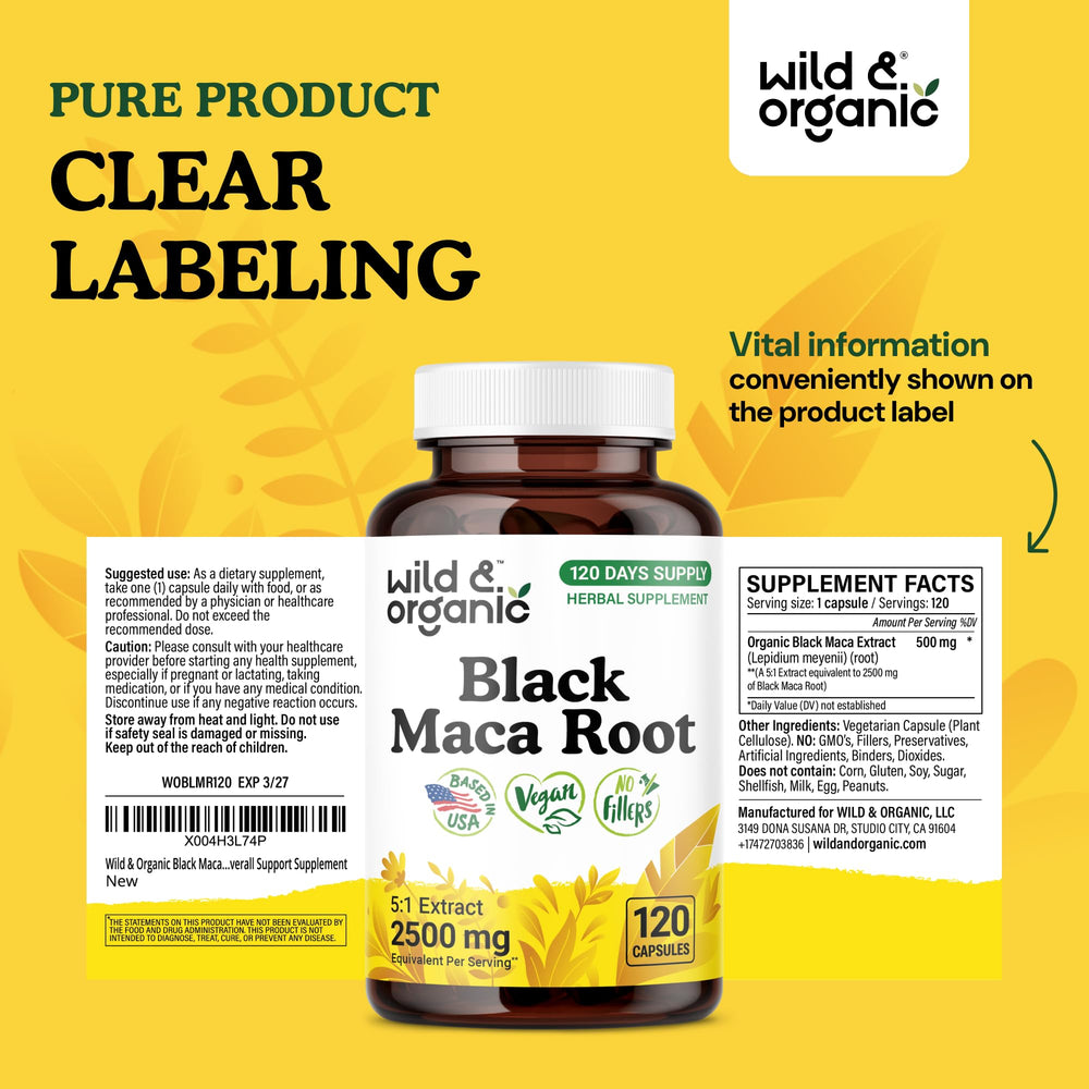 Wild & Organic Black Maca capsules vegan and plant-based for inclusive diets.