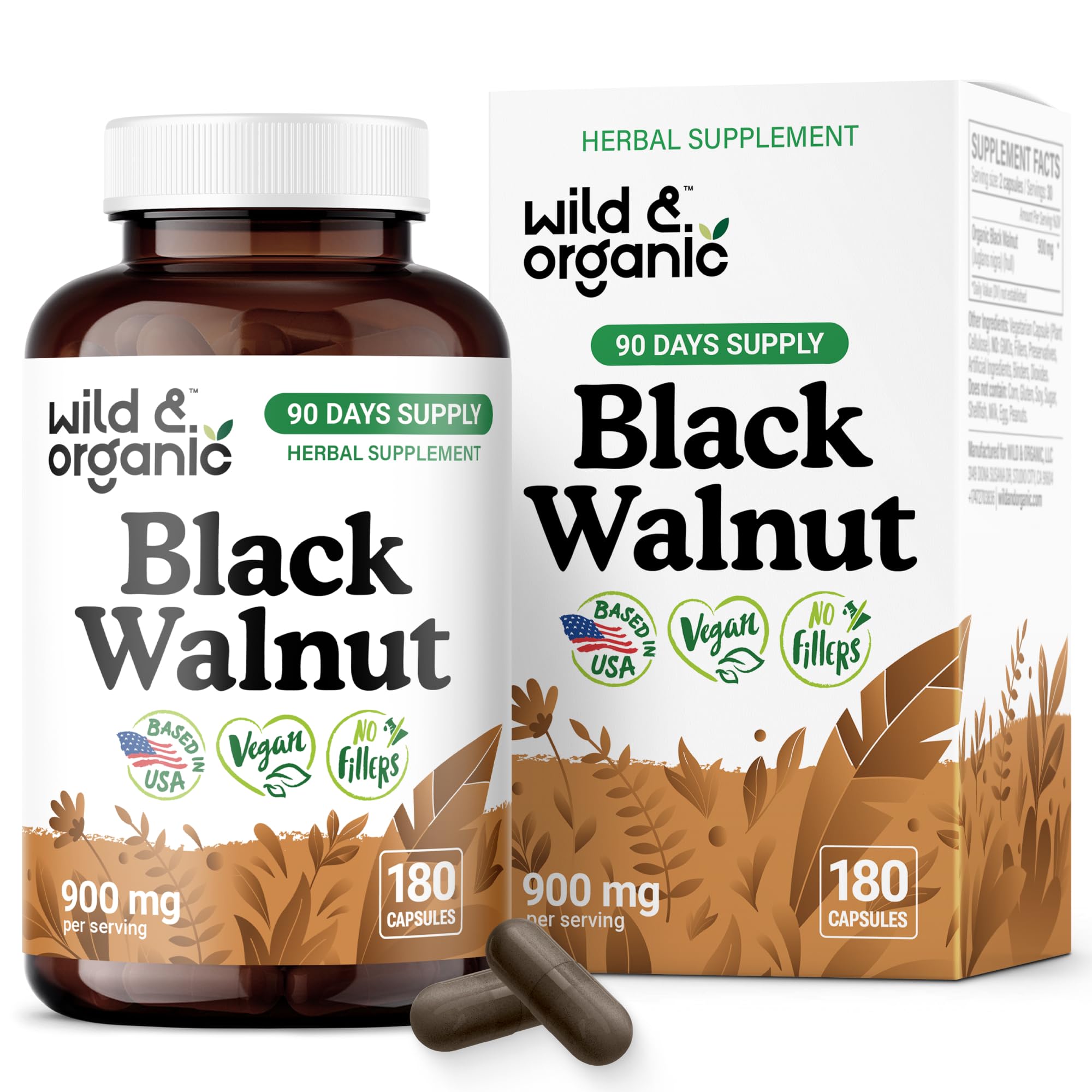 Wild & Organic Black Walnut Capsules bottle for daily detox routines.