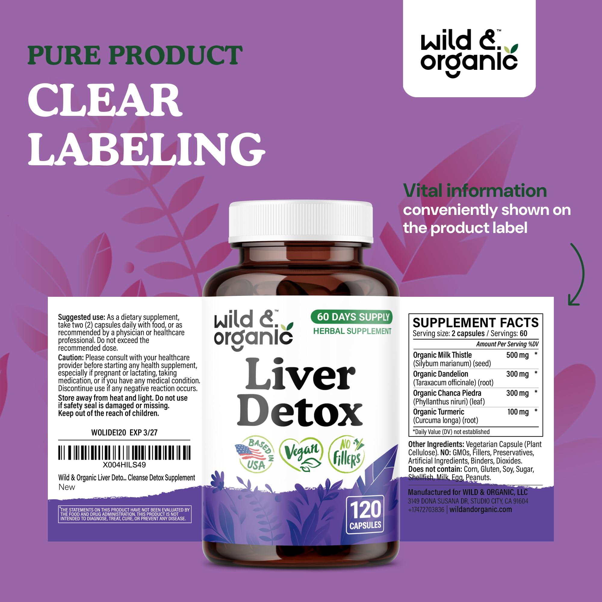 Wild & Organic bottle on kitchen counter with dosage information