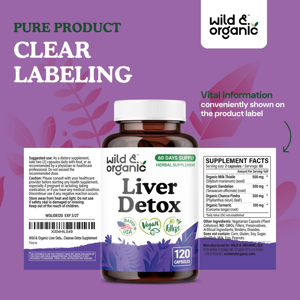 Wild & Organic bottle on kitchen counter with dosage information