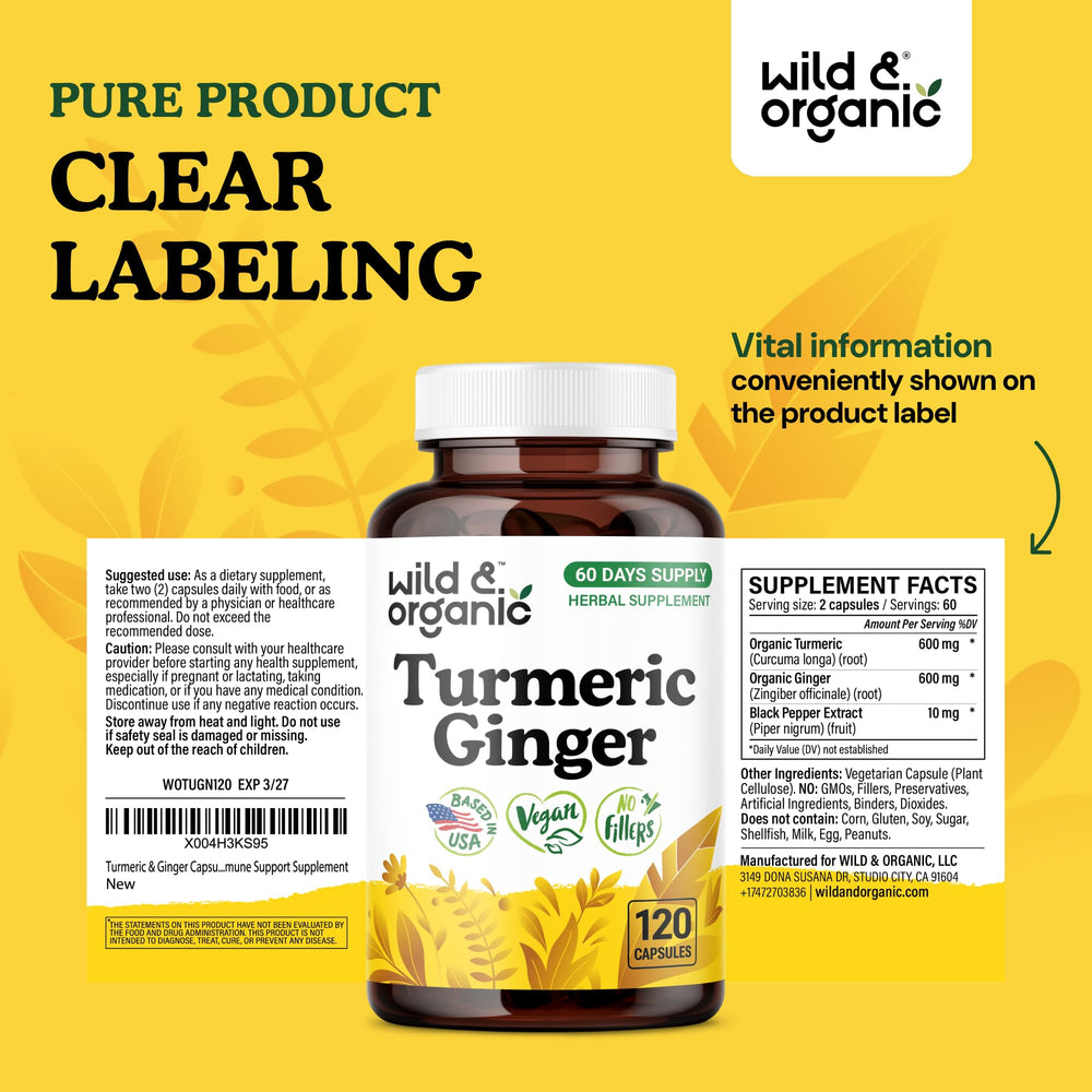 Wild & Organic bottle label for simple product recognition.