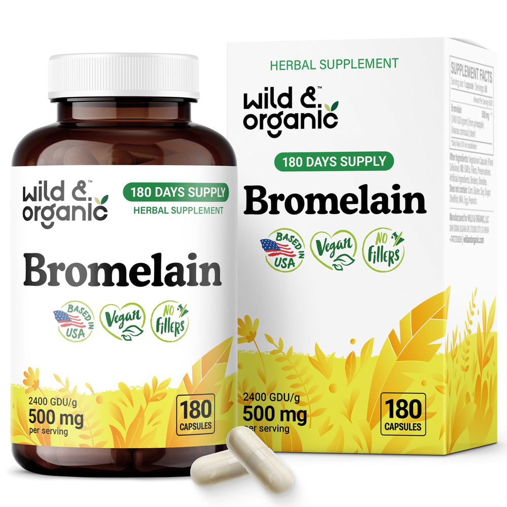 Wild & Organic Bromelain 500 mg capsules in bottle for digestive support.