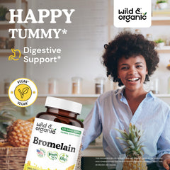 Wild & Organic bromelain capsules bottle close-up highlighting vegan-friendly formula.