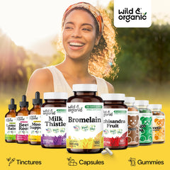 Open bottle of Wild & Organic bromelain capsules ready for your daily routine.