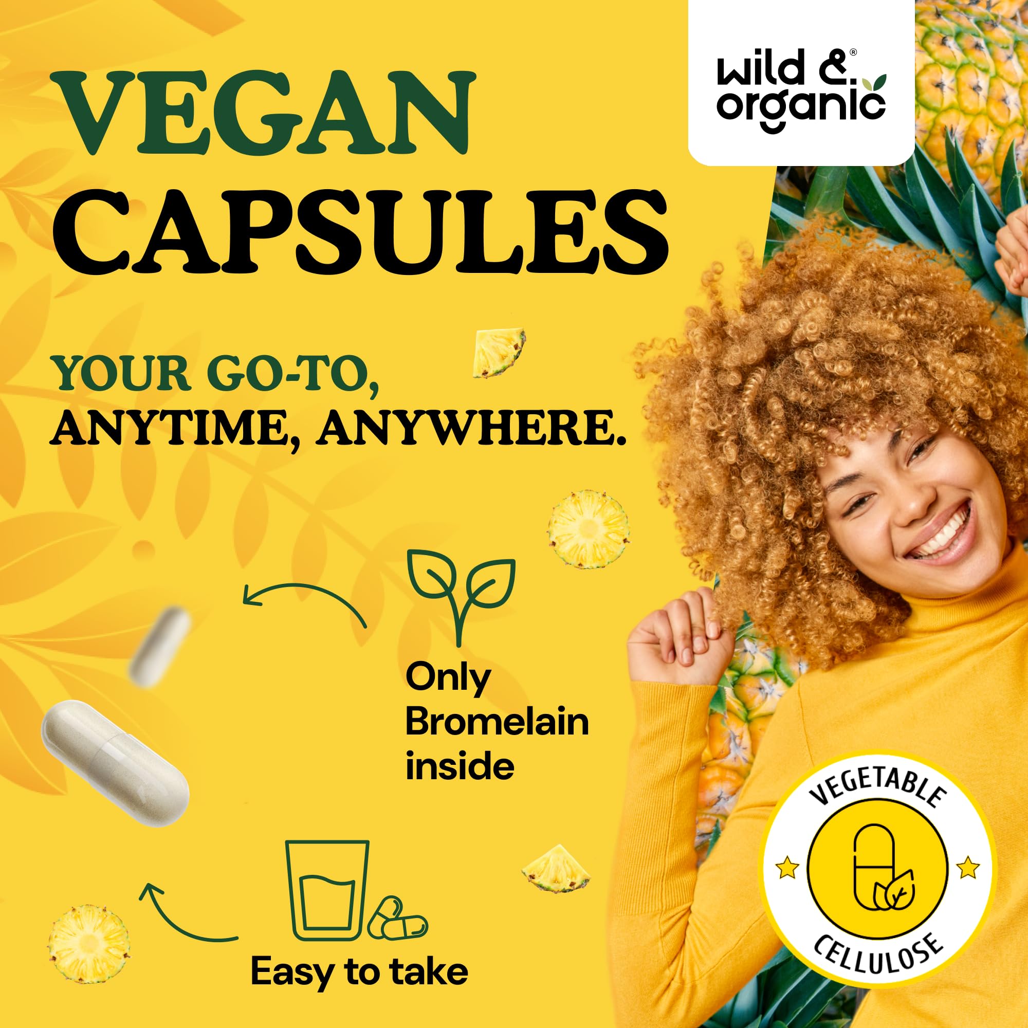 Wild & Organic bromelain pineapple enzyme source imagery on packaging signals natural origin.