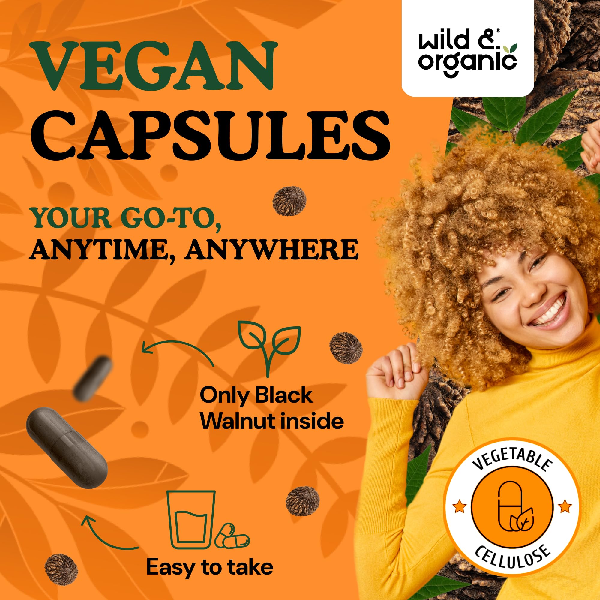 Wild & Organic capsule close-up showing easy-to-take vegan capsules.
