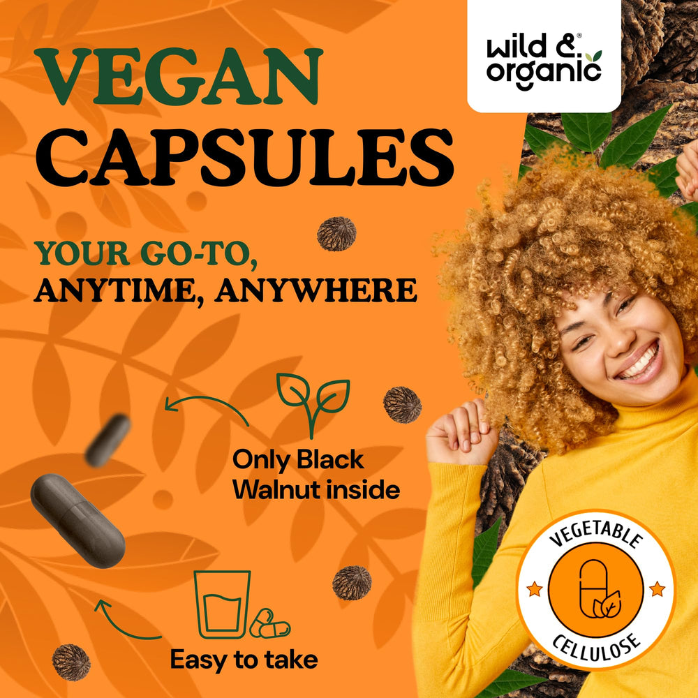 Wild & Organic capsule close-up showing easy-to-take vegan capsules.