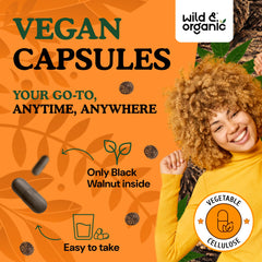 Wild & Organic capsule close-up showing easy-to-take vegan capsules.