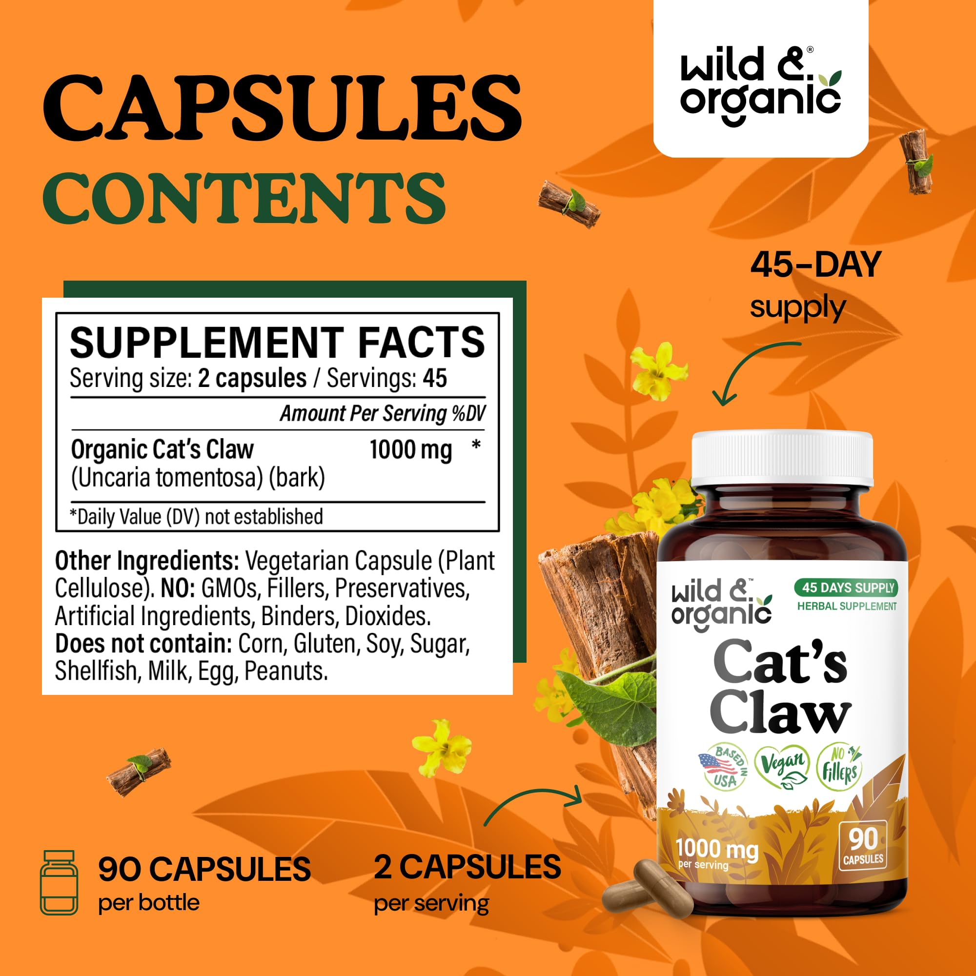 Wild & Organic Cats Claw bottle closeup reveals pure Uncaria tomentosa bark.