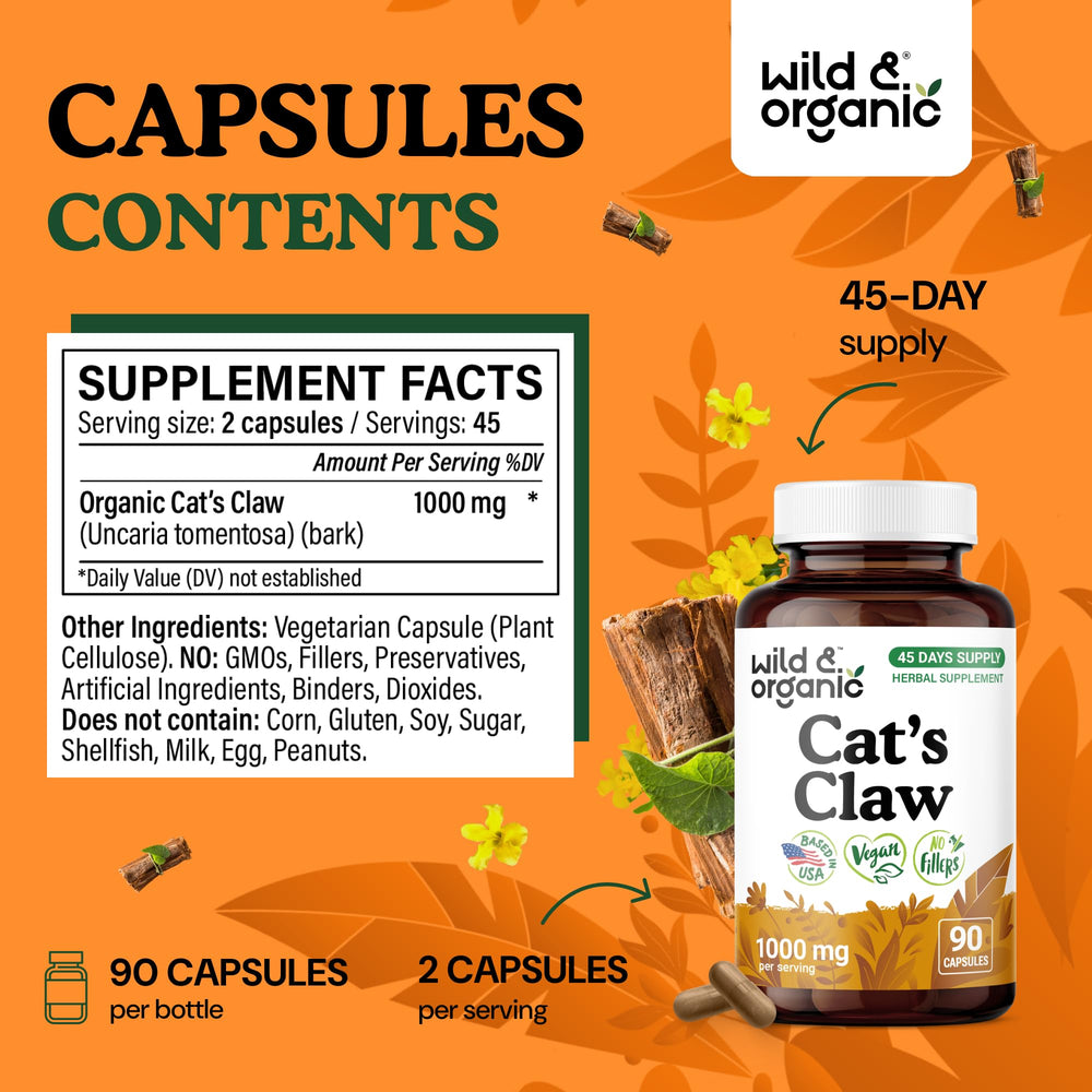 Wild & Organic Cats Claw bottle closeup reveals pure Uncaria tomentosa bark.