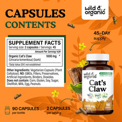 Wild & Organic Cats Claw bottle closeup reveals pure Uncaria tomentosa bark.