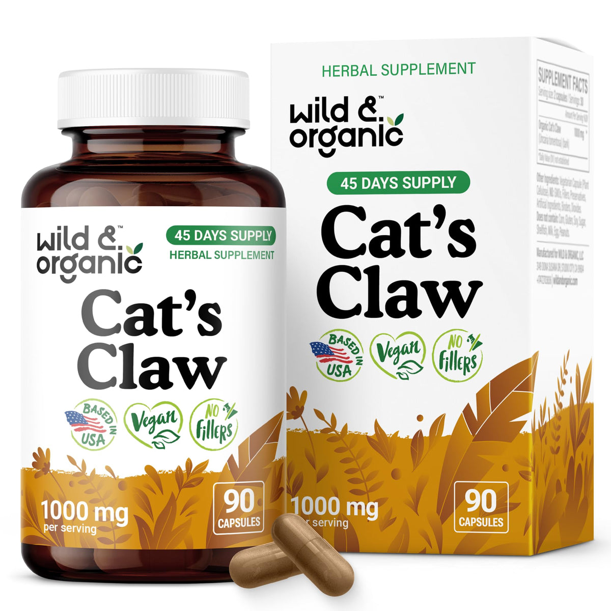 Wild & Organic Cats Claw bottle label highlights immune support benefits.
