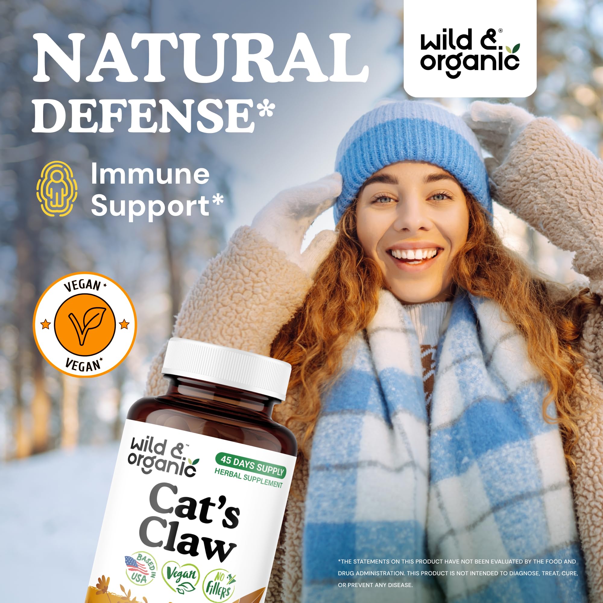 Wild & Organic Cats Claw capsules in hand demonstrate easy daily intake.