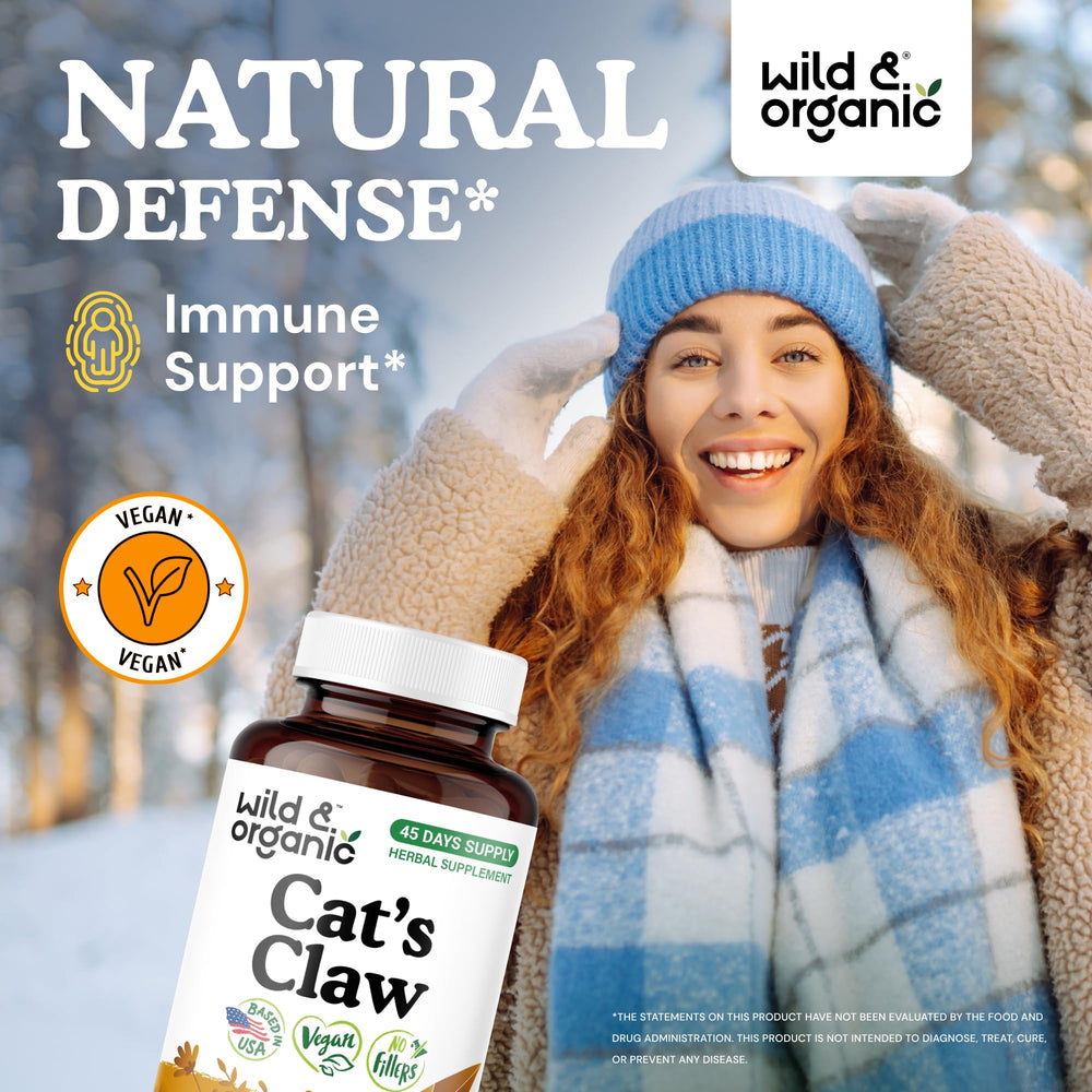 Wild & Organic Cats Claw capsules in hand demonstrate easy daily intake.