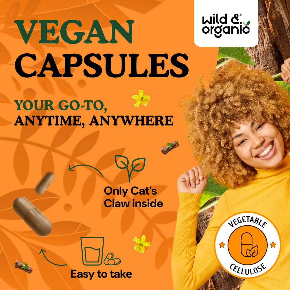 Wild & Organic Cats Claw ingredients show vegan non-GMO formula.
