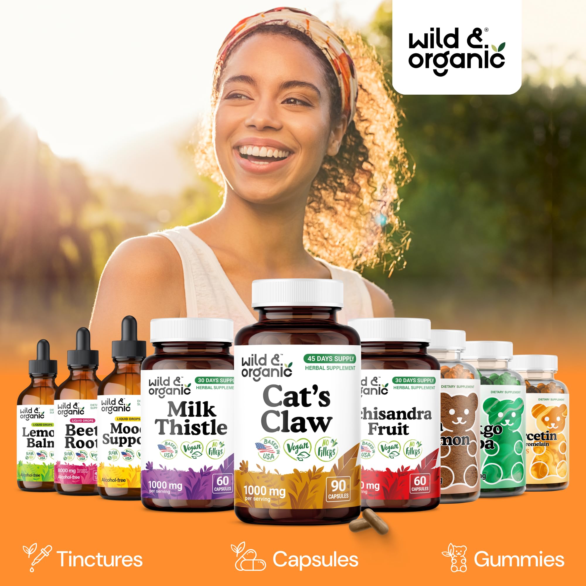 Wild & Organic Cats Claw packaging highlights a 45-day supply.