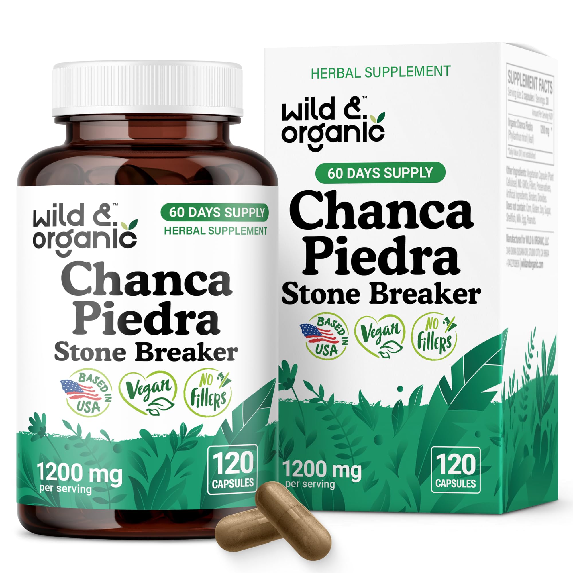 Wild & Organic Chanca Piedra capsules bottle showing 1200 mg formula for kidney and gallbladder support.