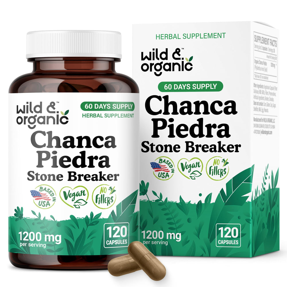 Wild & Organic Chanca Piedra capsules bottle showing 1200 mg formula for kidney and gallbladder support.