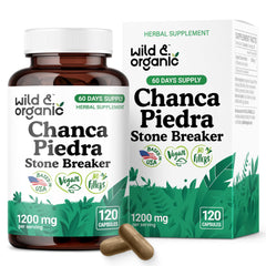 Wild & Organic Chanca Piedra capsules bottle showing 1200 mg formula for kidney and gallbladder support.