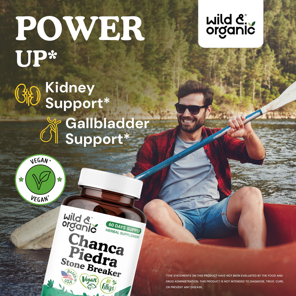 Wild & Organic Chanca Piedra powder close-up highlighting herbal formula.