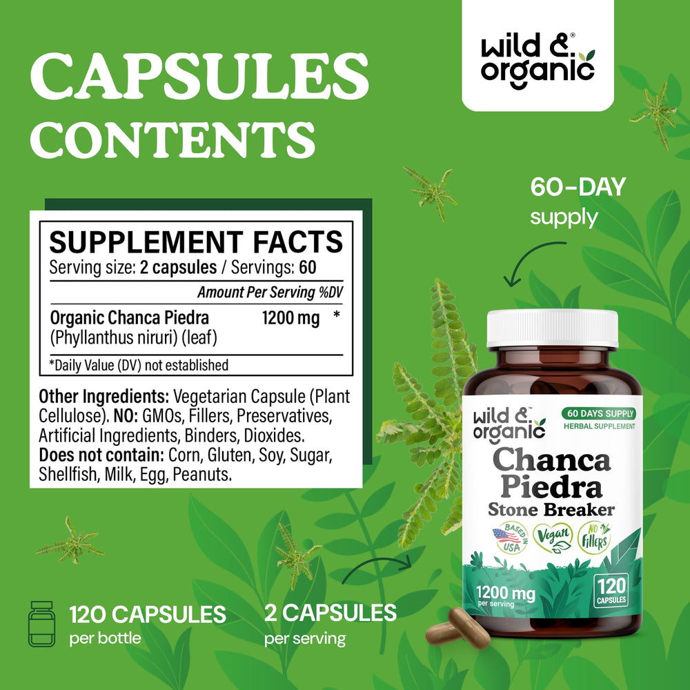 Wild & Organic Chanca Piedra bottle label highlighting vegan and non-GMO features.